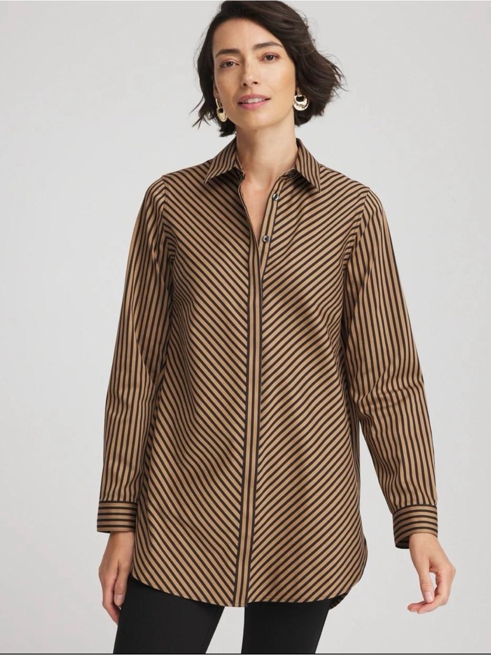 Chico’s No-Iron Chic Stretch Striped Button Down Shirt Size 0 Tan Black